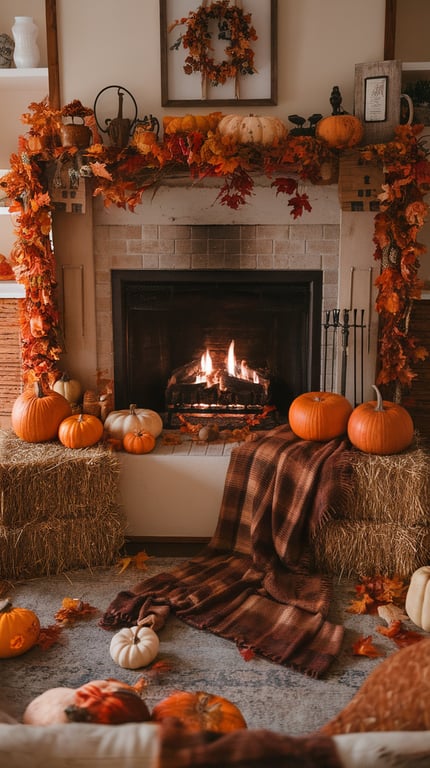 A cozy fireplace decorated with pumpkins and autumn leaves, featuring a warm fire.