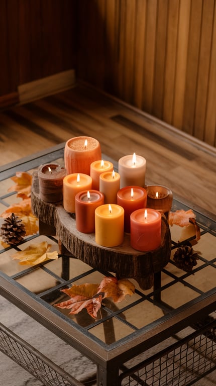 A collection of autumn-scented candles on a wooden tray with fall leaves and pinecones.
