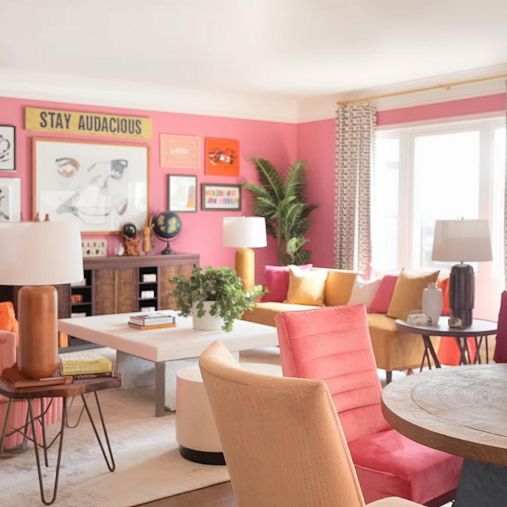 A living room decorated in coral and pink tones.