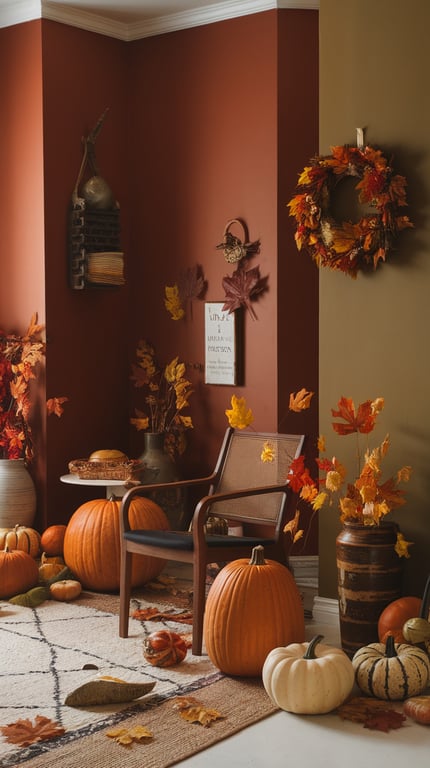 Cozy fall decor with earthy color palettes, featuring pumpkins and autumn leaves.
