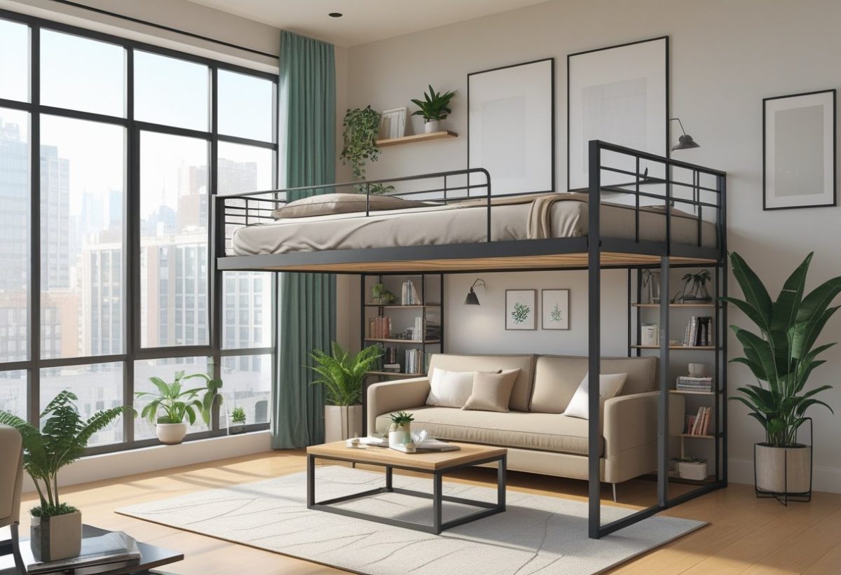 A modern loft bed in an urban apartment with a lounge area underneath, including a sofa, coffee table, bookshelf, and large windows letting in natural light.