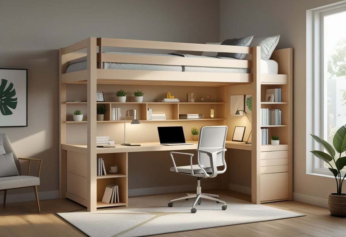 A loft bed with a built-in desk underneath, featuring a chair, laptop, desk lamp, shelves with books, and a small plant in a well-lit room.