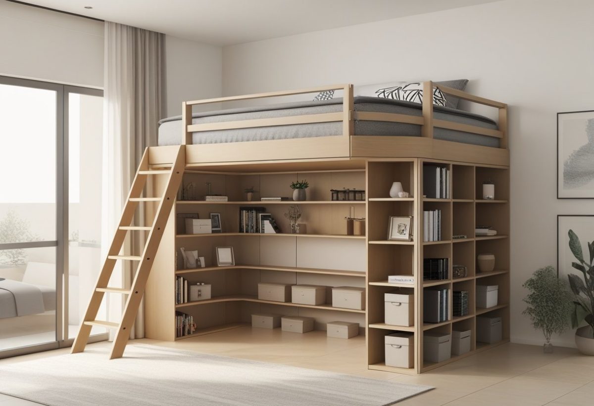 A queen size loft bed elevated with built-in storage shelves underneath in a tidy bedroom.