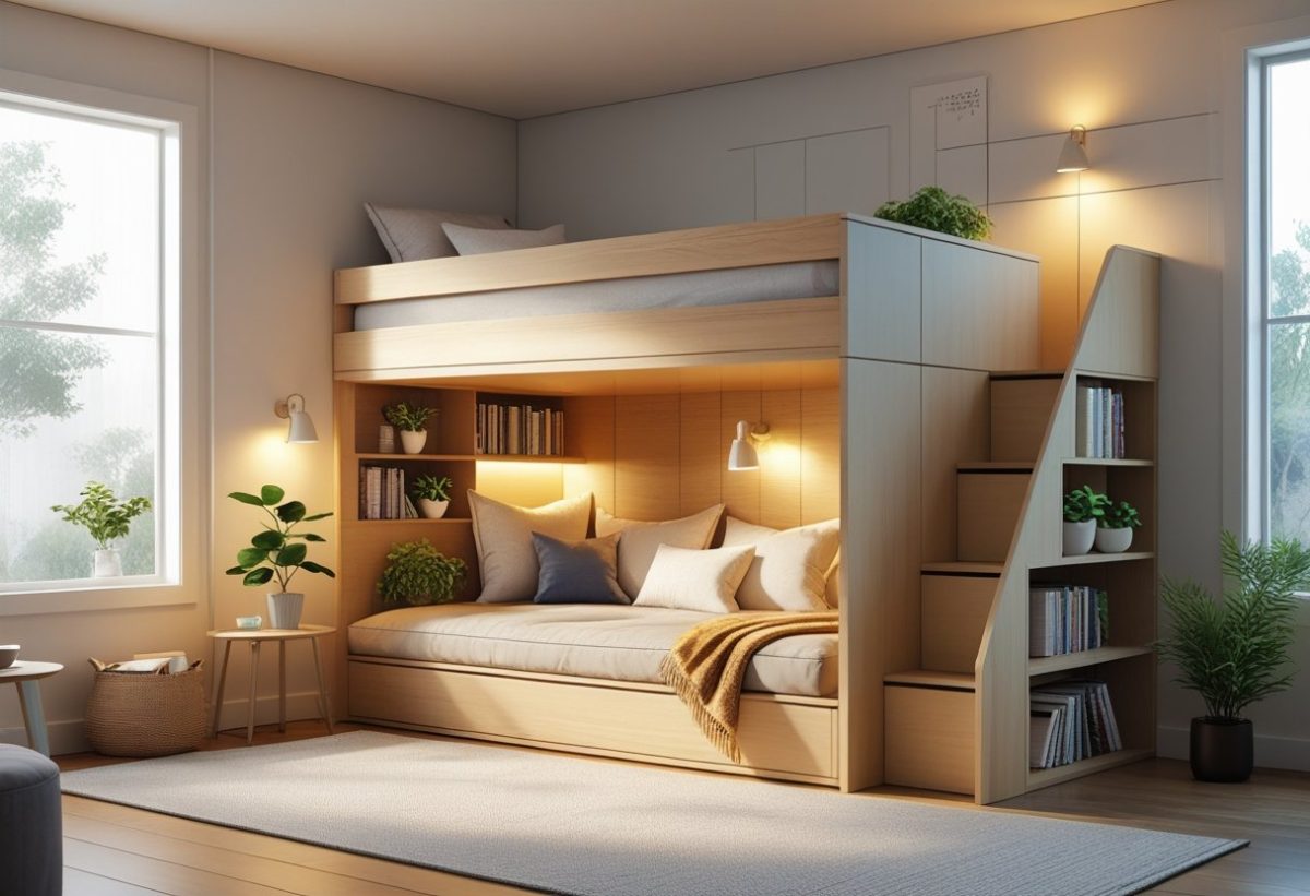 A loft bed with a cozy reading nook underneath, featuring cushioned seating, bookshelves, and soft lighting in a bedroom.