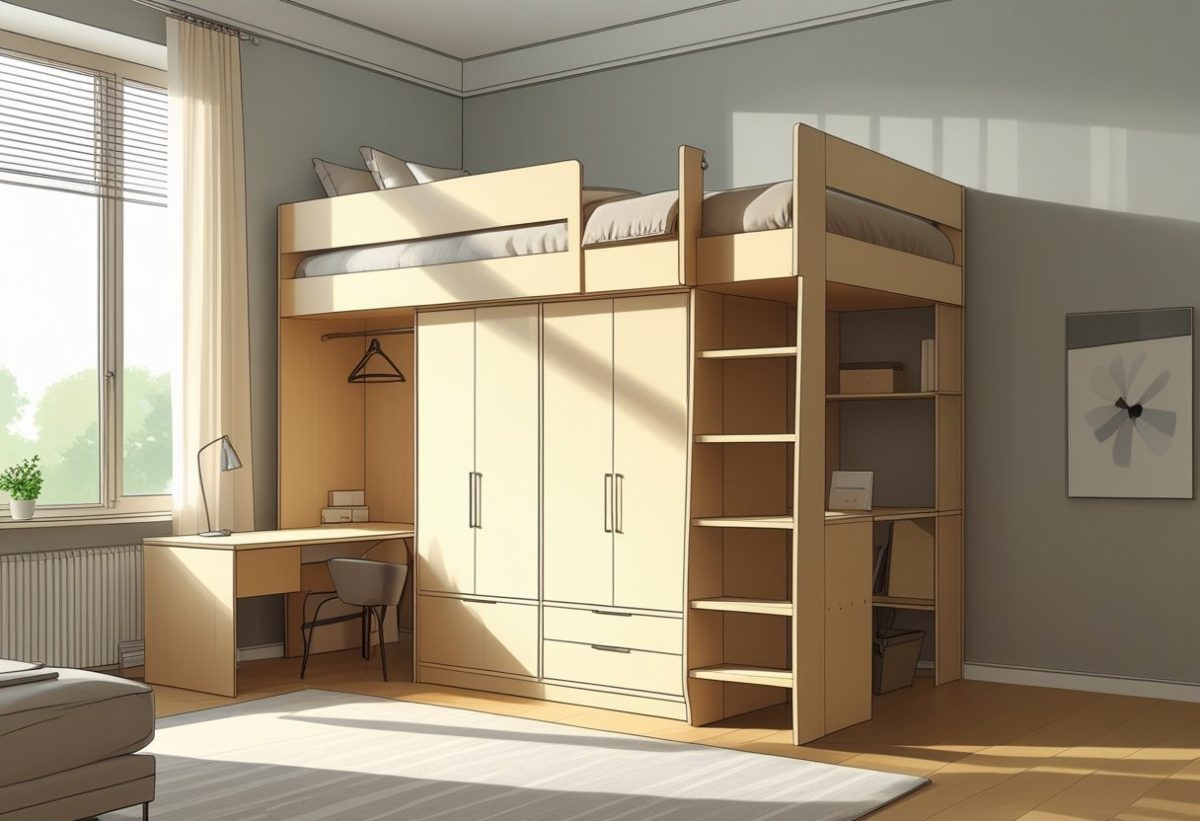 A loft bed elevated above an integrated wardrobe in a bright, organized bedroom.