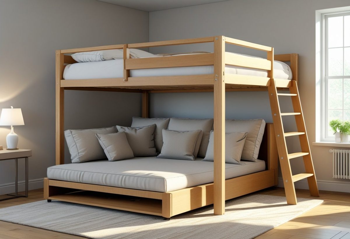 A full-size loft bed with a pull-out sofa underneath in a cozy bedroom.
