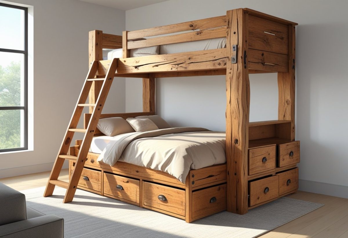 A rustic wooden loft bed with a ladder and drawers underneath in a bedroom.
