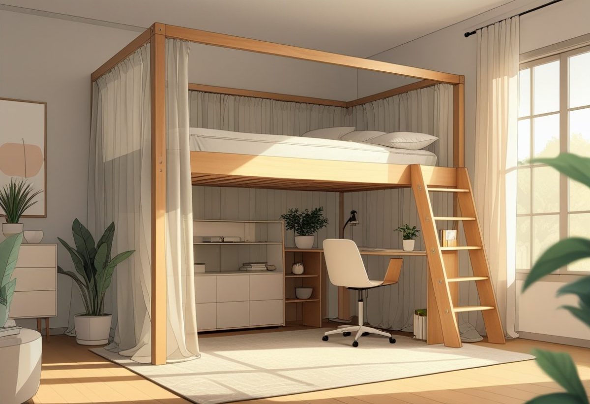 A loft bed elevated with curtains around it for privacy, with a desk and chair underneath in a cozy room.