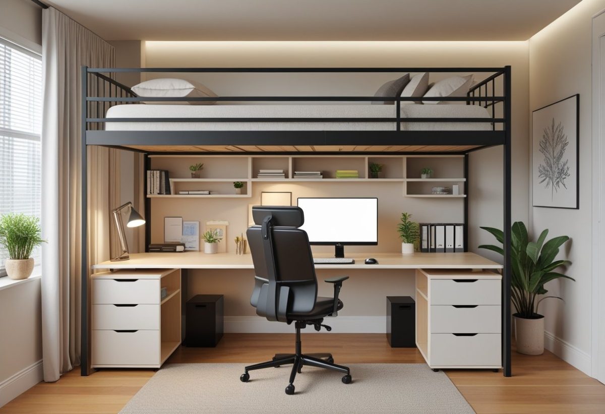 A loft bed with a home office setup underneath, including a desk with a computer, chair, shelves with books and plants, and a window letting in natural light.