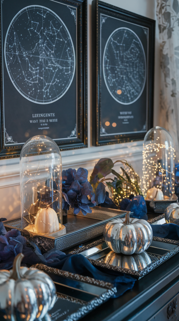 blue and crystal fall entryway table with celestial theme