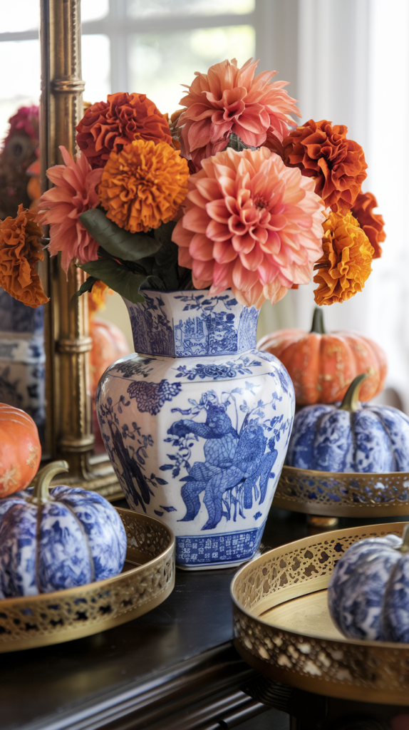 fall entryway table with blue and white chinoiserie and flowers