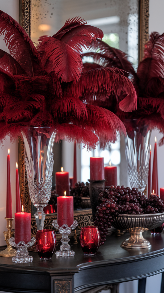 rich red fall feathers on a fall entryway table