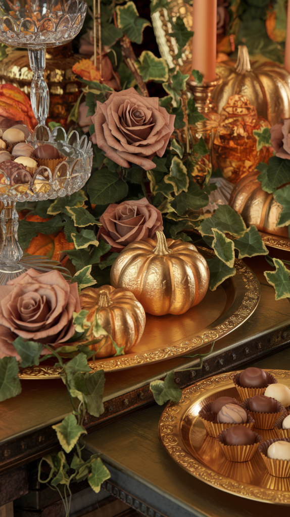 Rose garden with gilded pumpkins and crystal on a fall entryway table