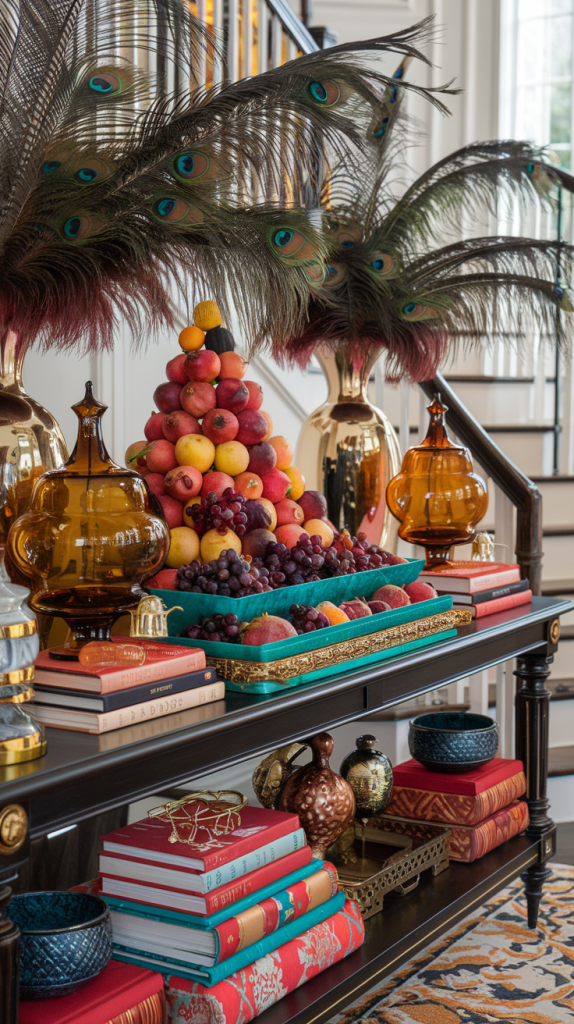 A rich colored fall entryway table in turquoise, gold and coral.