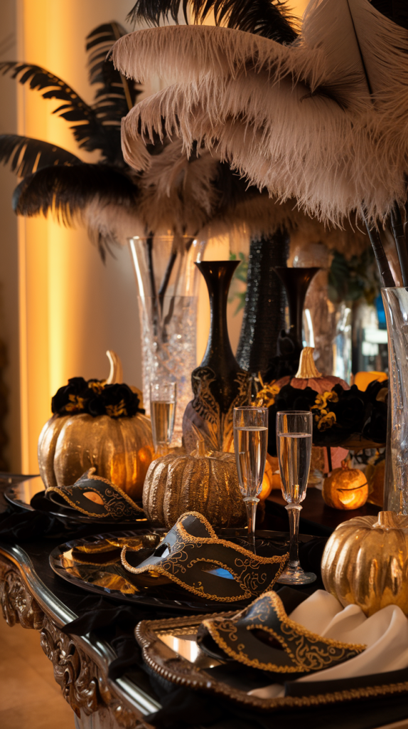 fall entryway decor with gold pumpkins and masks
