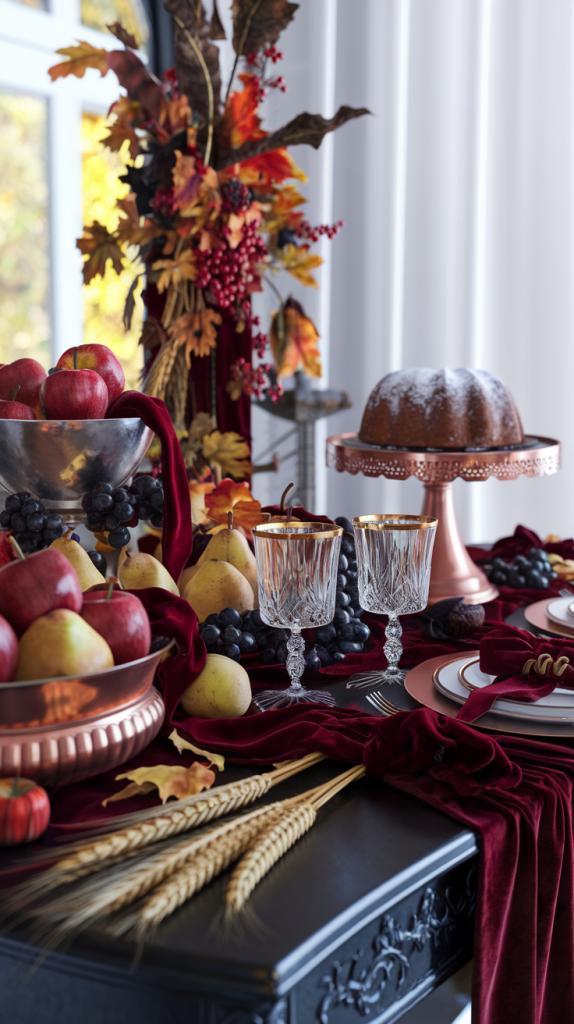 a still life of fall fruits and tastes on a fall entryway table