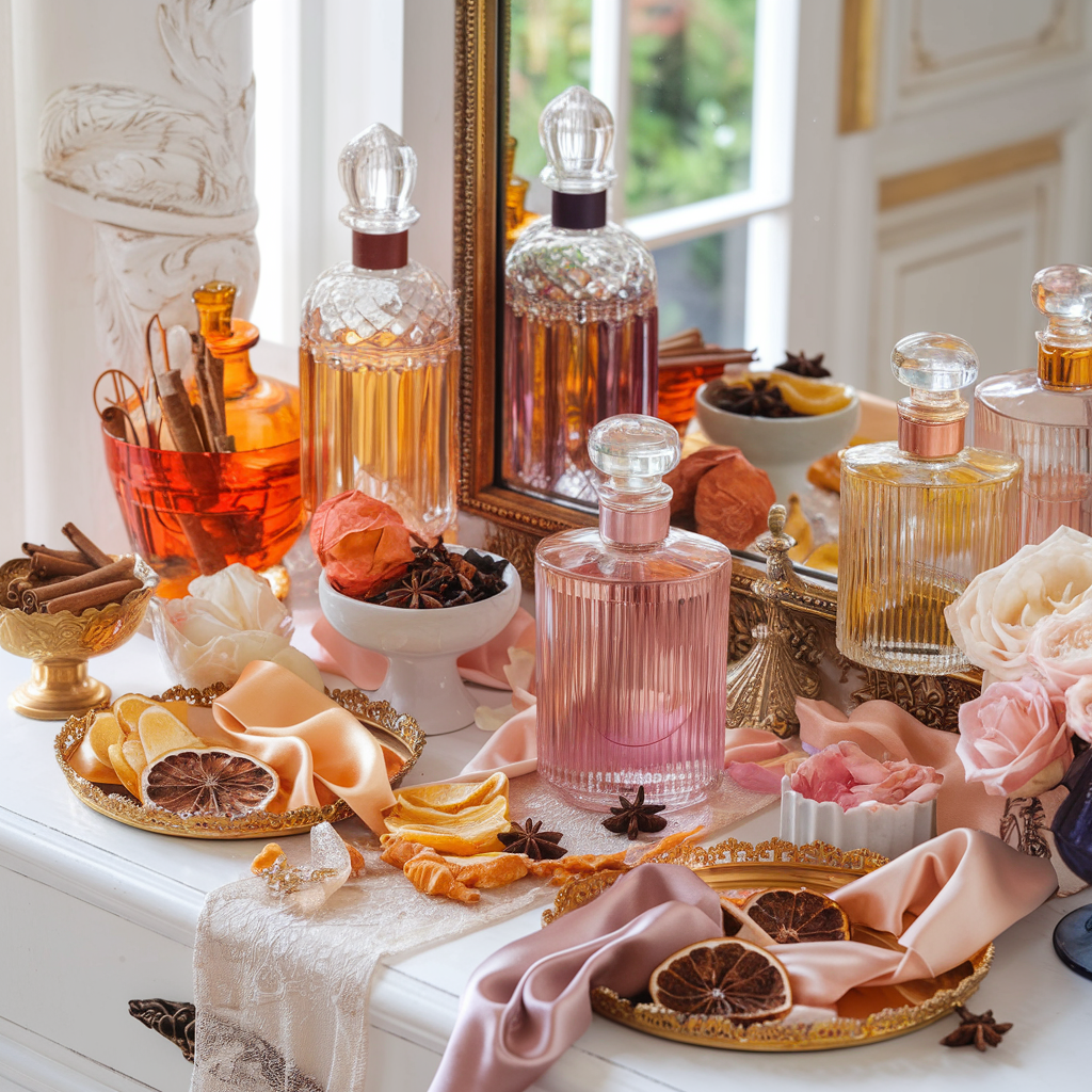 A vignette of perfume bottles in fall colors on a fall entryway table
