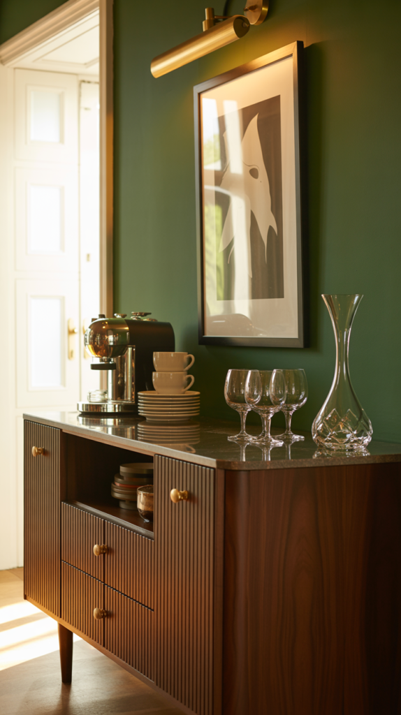 Elegant dining room coffee and wine bar using a dark walnut sideboard with fluted doors, marble top, and brass pulls. Display espresso maker, carafe, and wine decanter under a framed modern art piece. Back wall painted deep forest green, brass sconce lighting above, natural sunlight from left window.