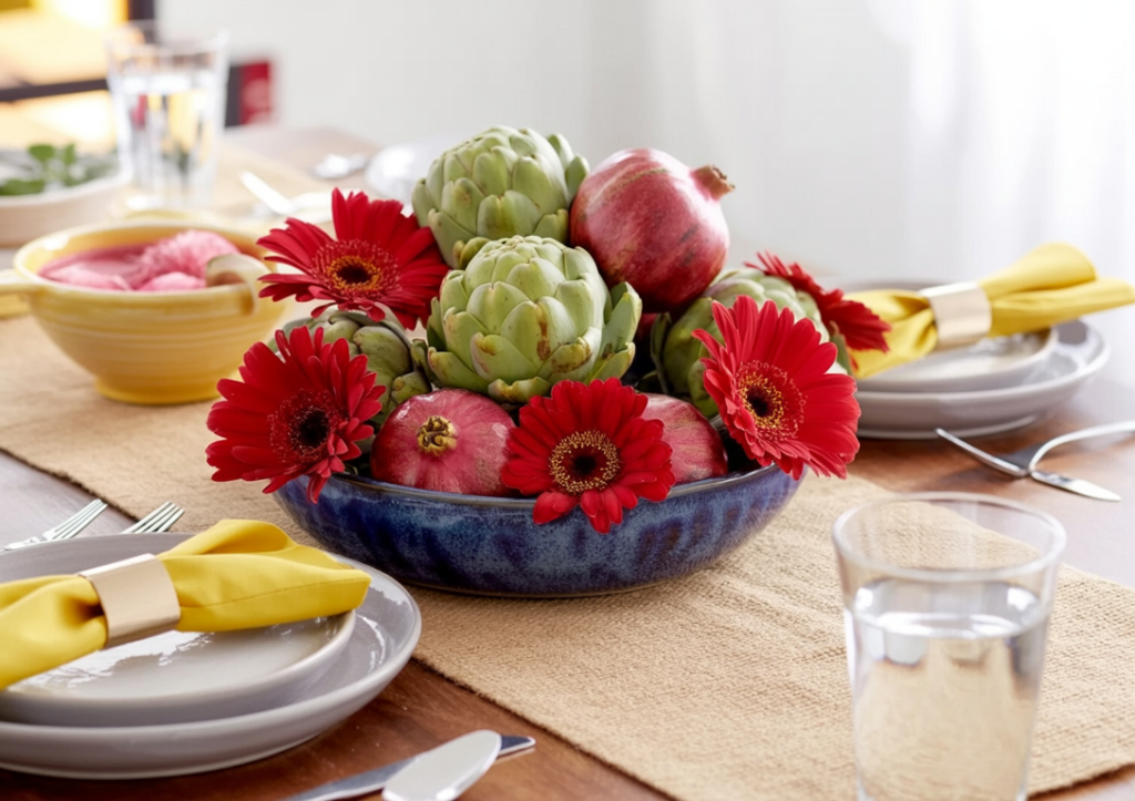 deep blue-glazed ceramic bowl becomes a stunning vessel for an all-edible arrangement of globe artichokes, pomegranates, and vibrant red gerbera daisies