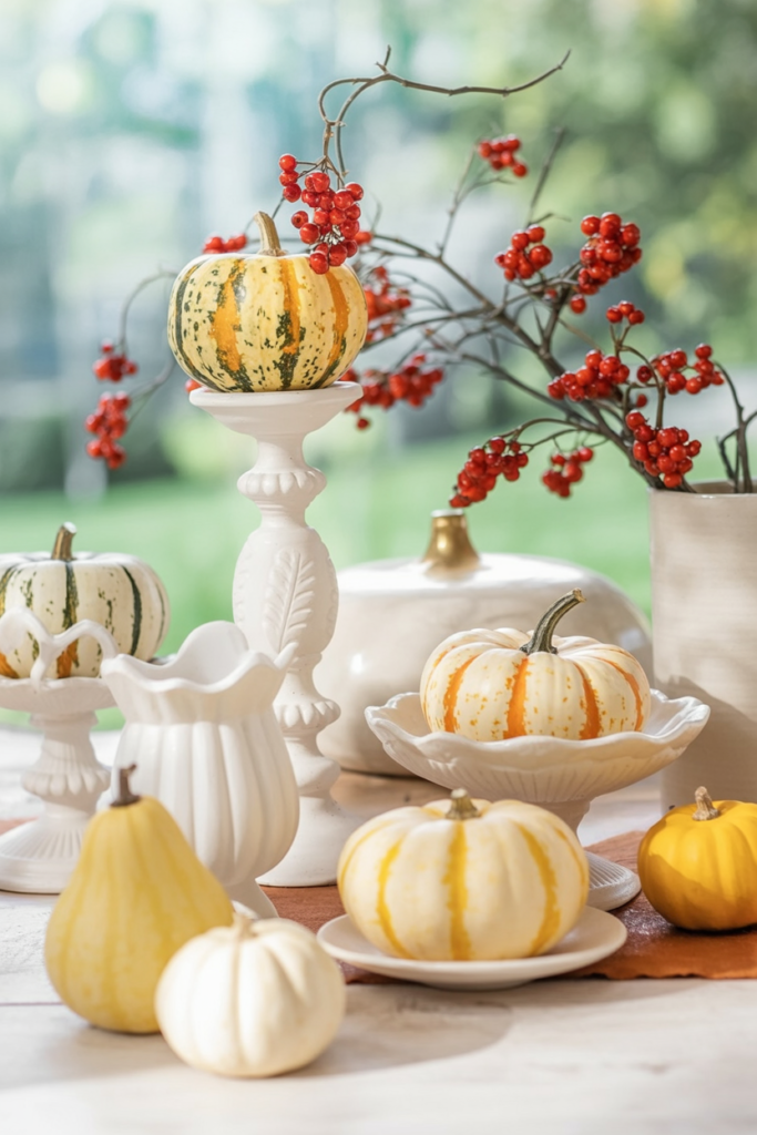 decorative pedestals of varying heights display striped ornamental pumpkins alongside tall vessels holding berry branches