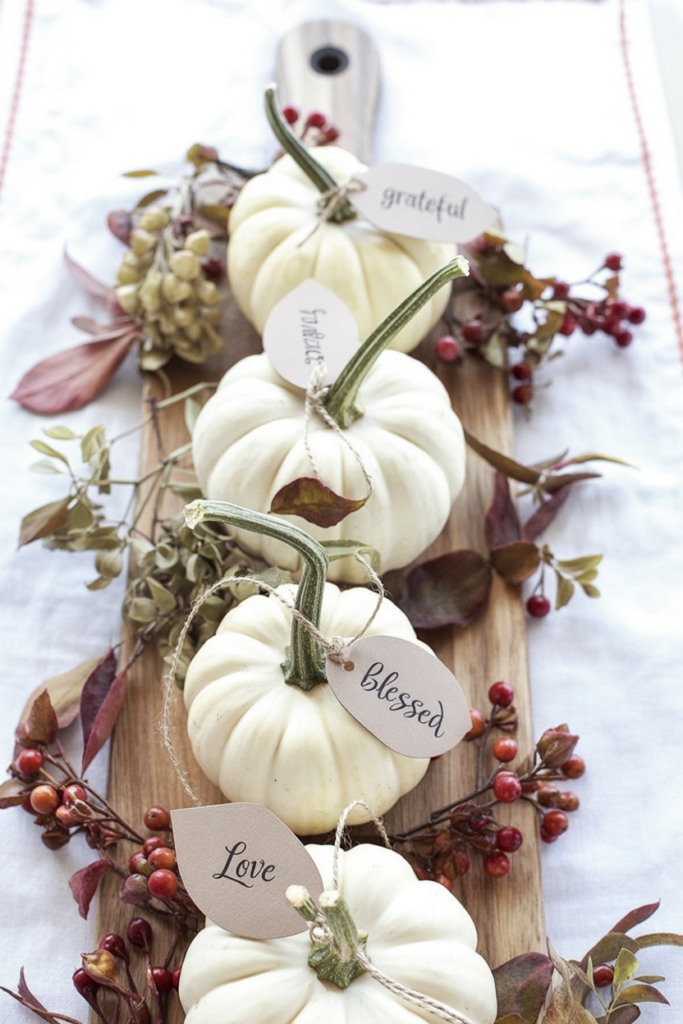long wooden cutting board or serving board becomes a canvas for a linear arrangement of white Baby Boo pumpkins