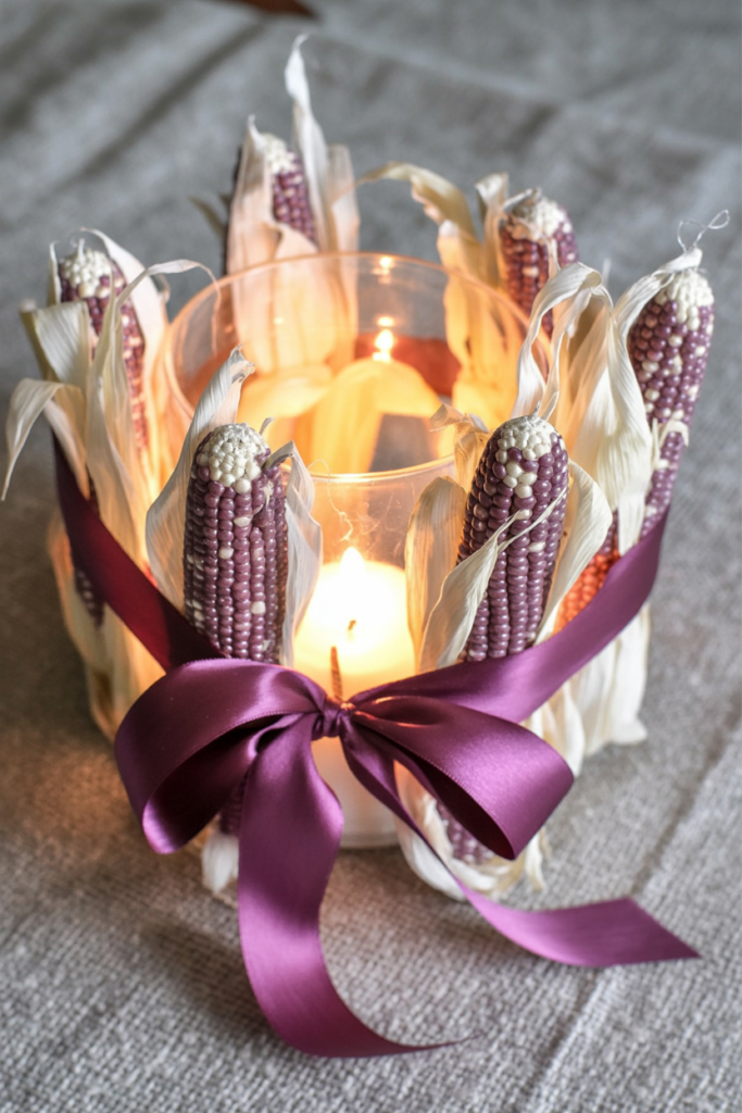 Dried ornamental corn in deep burgundy and cream creates a dramatic collar around a glass hurricane candle, tied together with luxurious satin ribbon