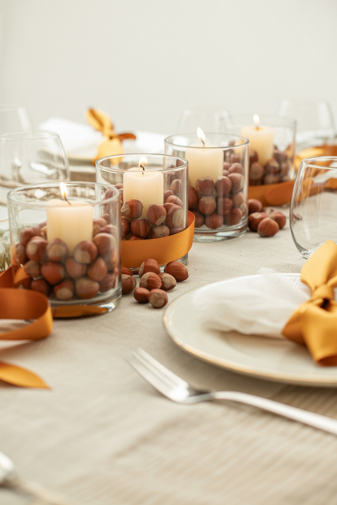 Multiple glass cylinders in varying heights are filled with whole hazelnuts to midpoint