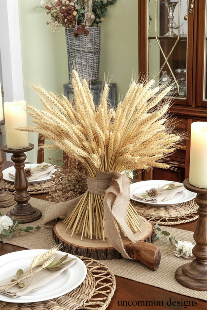 dried wheat arranged in a full circular sheaf sits on a natural wood slice, wrapped with burlap ribbon