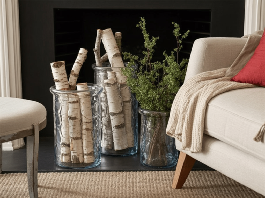 A cozy interior scene featuring three textured glass vases of varying heights containing decorative elements. The vases have a hammered glass texture with circular indentations creating a rippled effect. The leftmost vase contains white birch logs with distinctive bark patterns, while the middle vase holds a single white birch log. The rightmost vase contains green stems and foliage. The scene is set against a black wall with white trim molding. A cream-colored upholstered chair with wooden legs is positioned on the right side, with a beige knit throw blanket draped over it and a red accent pillow. The furniture sits on a natural jute area rug with a textured woven pattern. The lighting is warm and intimate, creating subtle shadows that emphasize the glass texture and natural elements.