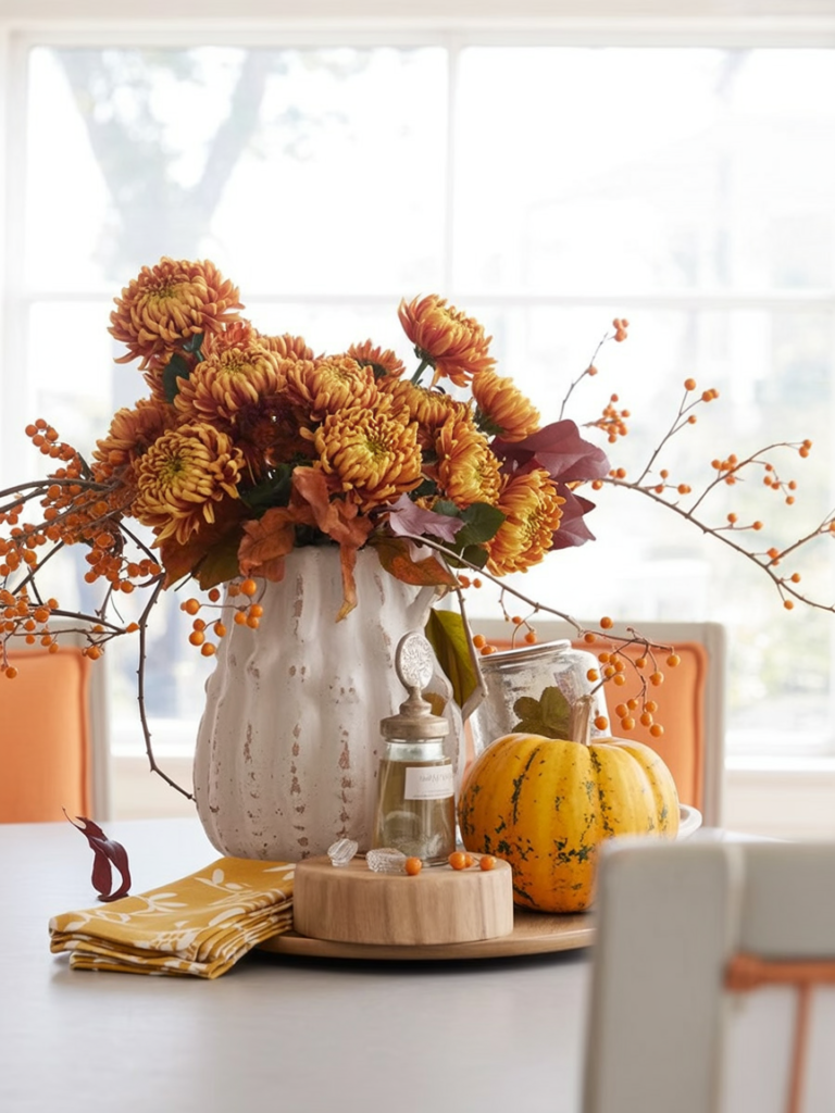 weathered cream ceramic pitcher filled with burnt orange chrysanthemums, burgundy leaves, and delicate orange berry branches