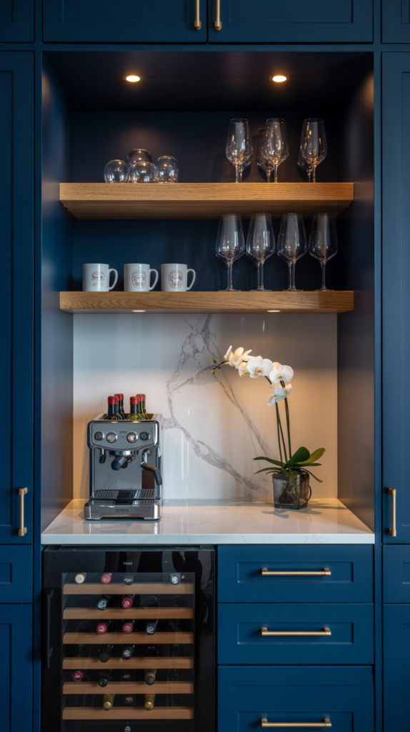 Built-in dining room bar niche with deep navy cabinetry, marble backsplash, and integrated wine cooler below. Floating oak shelves display mugs and wine glasses; a chrome espresso machine sits on the counter.