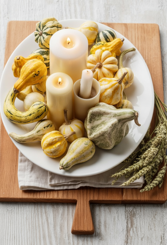 cream and yellow-green striped ornamental gourds arranged on a white serving platter around ivory pillar candles of varying heights