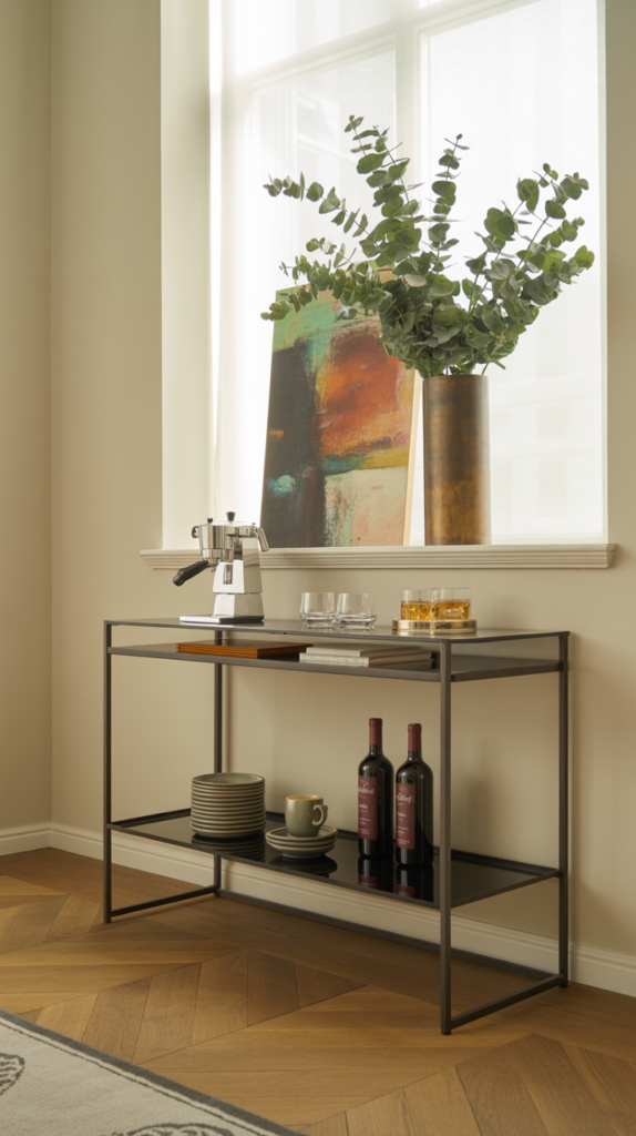 Slim console coffee and wine bar in a dining room with cream walls and herringbone wood floor. Console table in matte black metal and glass, topped with an espresso machine, stacked cups, and two wine bottles. Modern artwork and tall vase of eucalyptus above.