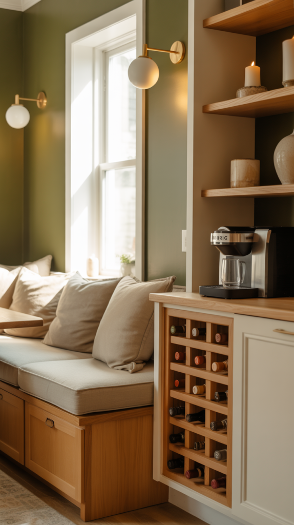 Warm, inviting dining banquette coffee and wine station built into corner. Light oak bench with cushions, integrated white cabinetry behind, espresso machine, wine rack, and open shelving for decor. Neutral linen upholstery, olive green wall, and gold wall sconces.