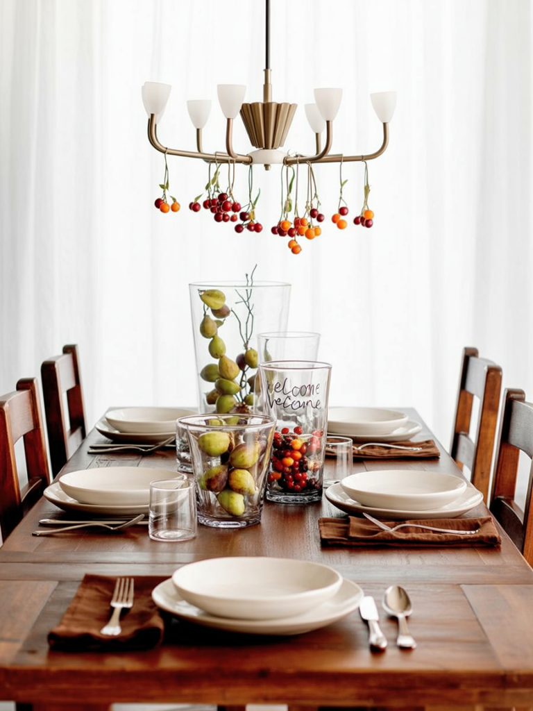 contemporary centerpiece features varying heights of clear glass cylinders filled with fresh pears, colorful berries, and branches