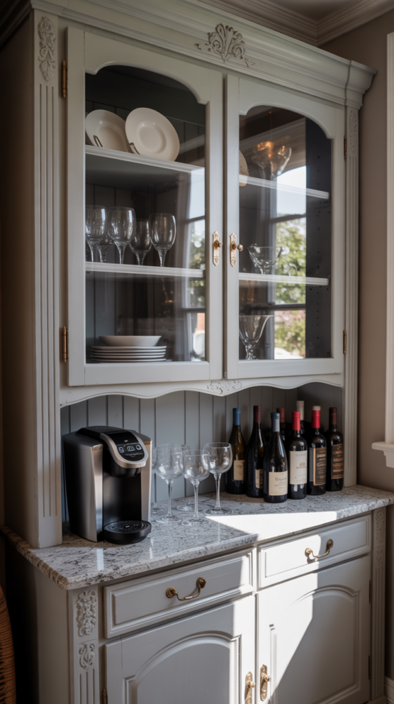  a traditional hutch as an entertainer’s coffee and wine bar. Include glass cabinet doors for displaying cups and stemware, and a granite counter surface for prep.