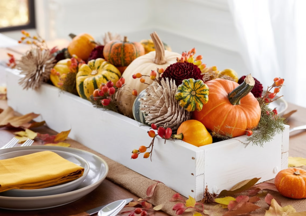 A distressed white wooden crate overflows with an abundant harvest mix—cream and orange pumpkins, striped gourds, burgundy dahlias, dried protea, faux berries, and wispy greenery