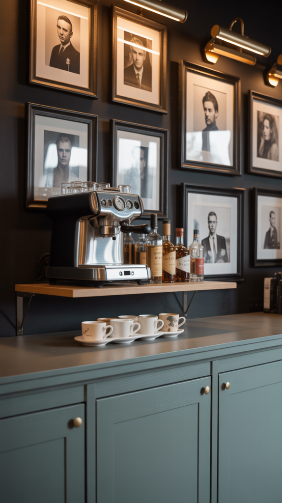 Stylish dining room bar vignette set against gallery wall of black-and-white photography. Floating wood shelf with espresso machine, bottles, and cups, atop a low cabinet in muted sage green. Brass picture lights above frames, moody afternoon light.