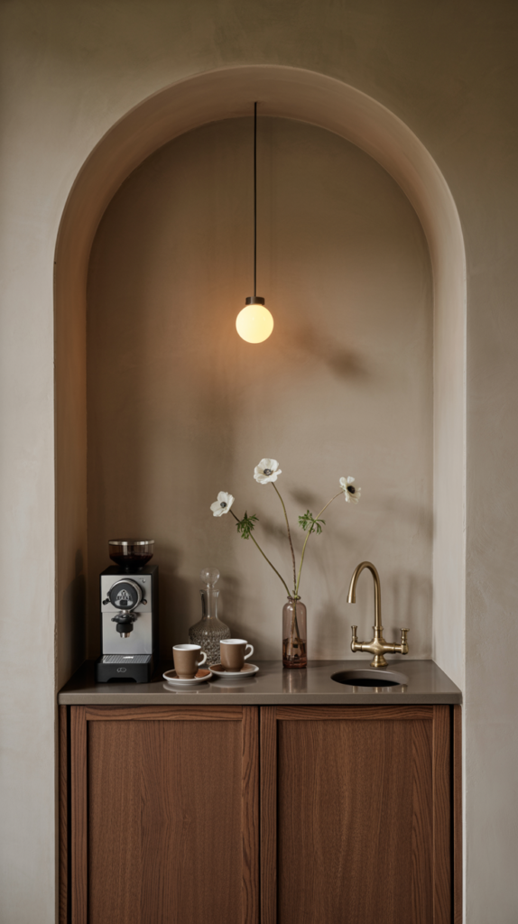 Sophisticated alcove coffee and wine bar in dining room with arched niche, textured plaster wall in warm taupe, dark oak cabinetry, quartz countertop, and antique brass faucet. Decorative decanter, cappuccino cups, and a small vase of flowers on counter.