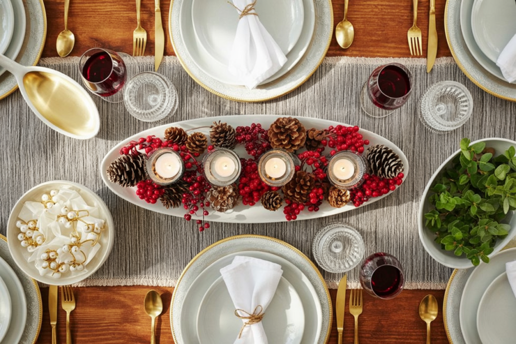 elongated white oval platter serves as a sophisticated runner centerpiece filled with pinecones, red berry clusters, and mercury glass votive holders