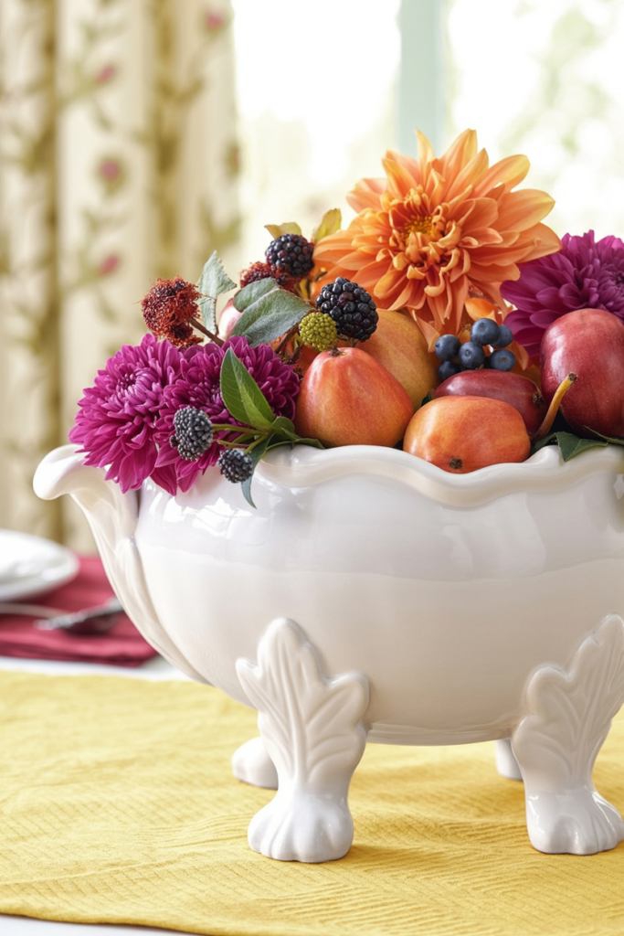 decorative white pedestal bowl with ornate feet overflows with an unexpected combination—fresh pears, pomegranates, blackberries, orange and magenta dahlias, sage foliage, and decorative berry picks