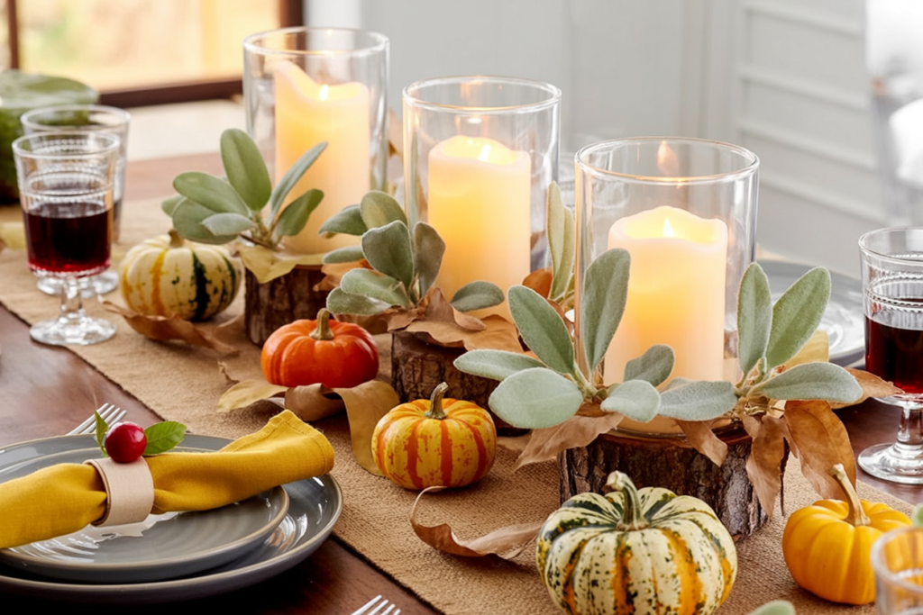linear arrangement features pillar candles in glass hurricanes set atop natural wood slices, interspersed with small decorative gourds, preserved leaves, and sprigs of lambs ear or eucalyptus