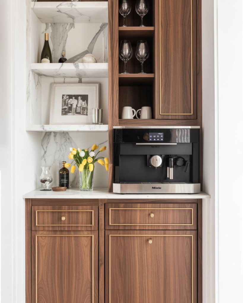 Walnut cabinetry with gold trim and an integrated Miele coffee maker