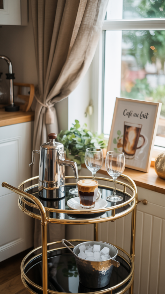 Mobile coffee and wine bar cart styled beautifully in a small apartment kitchen. Polished brass and glass rolling cart holding espresso accessories, wine glasses, and a small ice bucket.
Set beside a sunlit window with linen café curtains; accents of greenery, framed artwork, and a cappuccino cup mid-pour.