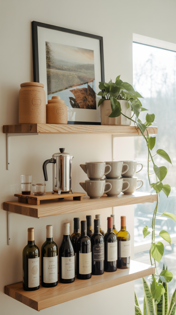 Open shelving coffee and wine display in a minimalist kitchen. White plaster wall, floating light ash wood shelves with espresso cups, French press, and a few wine bottles.
Framed art print, trailing plant, and ceramic canisters for character. Natural sunlight from right side window