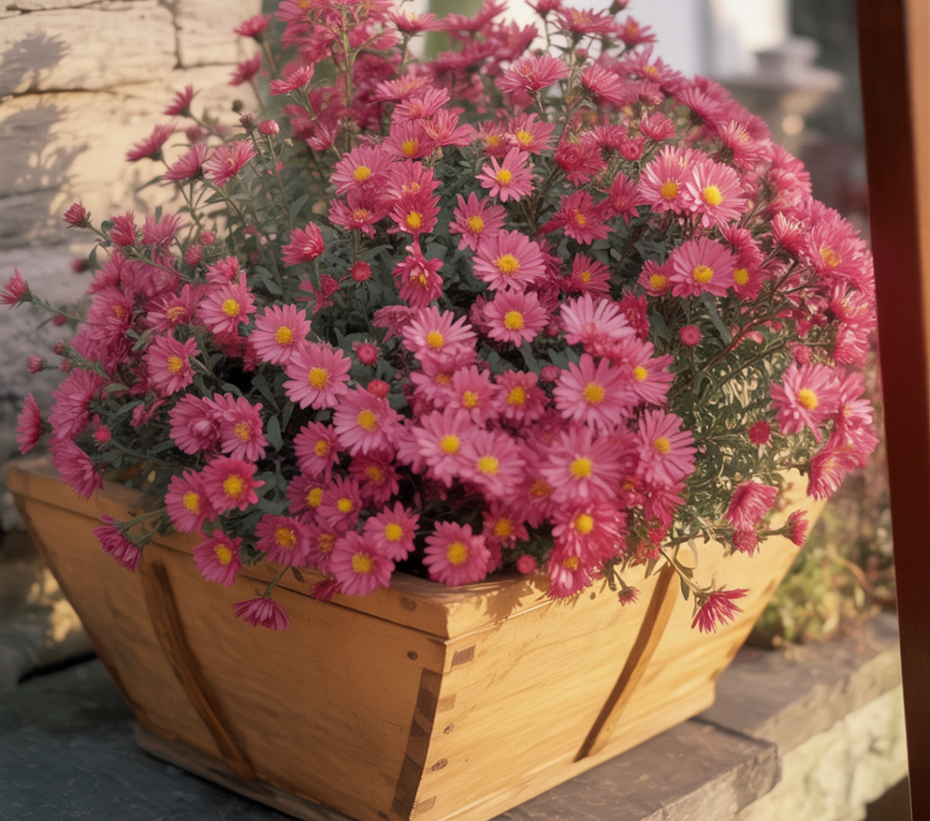 A close-up photograph of a vibrant autumn aster plant in a wooden planter. The aster features clusters of small daisy-like flowers in shades of deep pink, magenta, and red, with bright yellow centers. The flowers are densely packed, creating a full, bushy appearance.