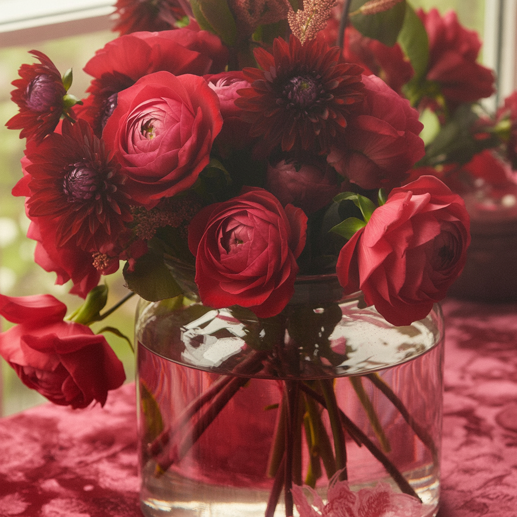 A close-up photograph of a vibrant red flower arrangement in a clear glass vase. The arrangement features multiple deep red roses and dark red dahlias with layered petals. The flowers are densely packed together, creating a lush, full display. The glass vase has a geometric pattern with vertical ridges and a circular base that reflects the red of the flowers.