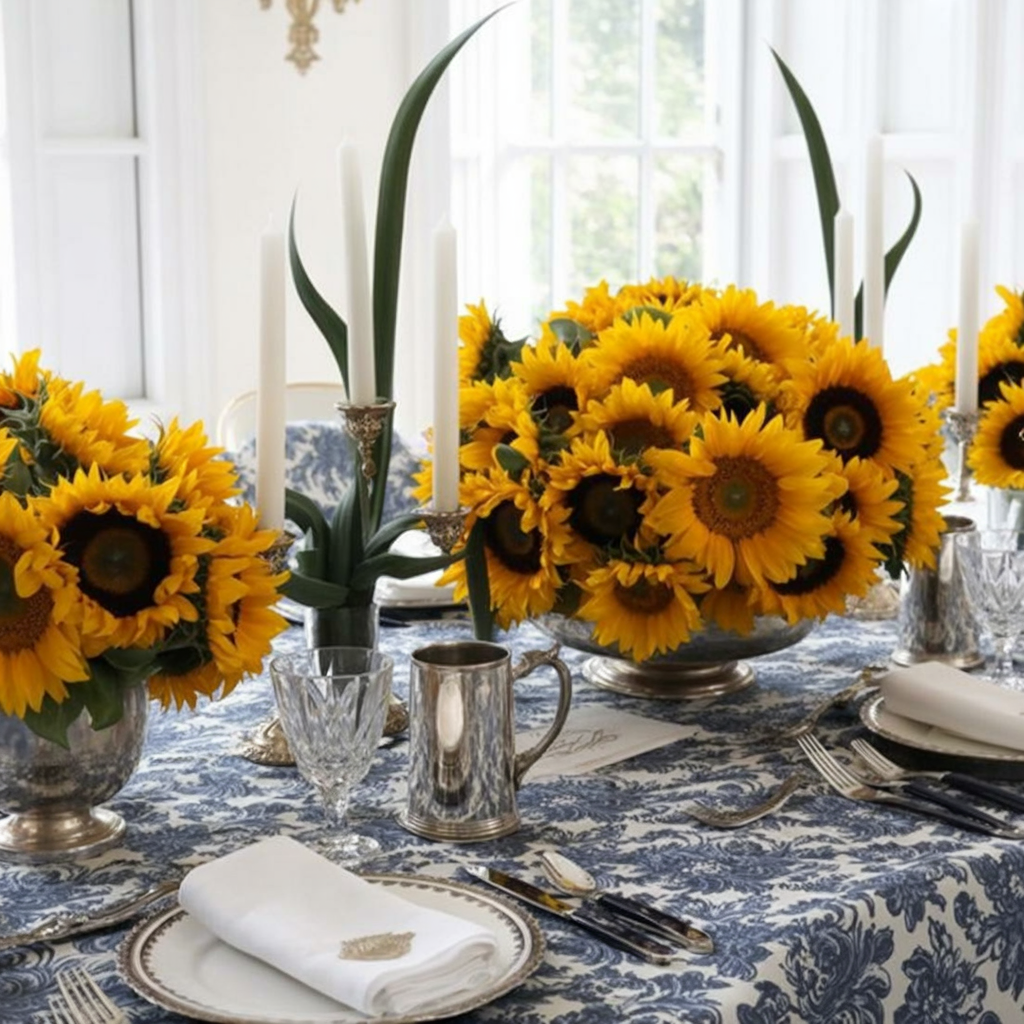 A high-end table setting with vibrant sunflower centerpieces on a blue and white damask patterned tablecloth. The centerpieces feature large yellow sunflowers arranged in silver and crystal vases, accompanied by white taper candles in silver candlesticks with antler-like decorative elements. 