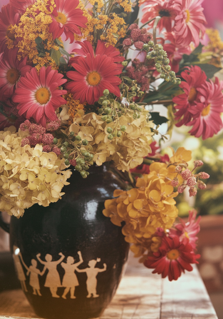 A close-up photograph of a vibrant floral arrangement in a decorative vase. The arrangement features large red daisies with yellow centers, clusters of pale yellow hydrangeas, and small yellow and orange flowers with green berries. The flowers are arranged in a dark brown ceramic vase with a silhouette design of dancing figures in white. The vase is positioned on a light-colored surface.