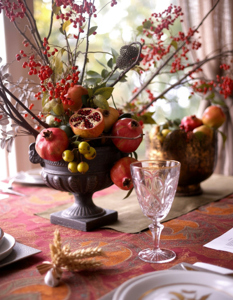 A high-quality photograph of an elegant autumn table setting with a dark bronze urn-style vase containing fresh red pomegranates, yellow-green apples, and vibrant red winter berries. The vase sits on a patterned tablecloth with burgundy, orange, and gold circular designs. 